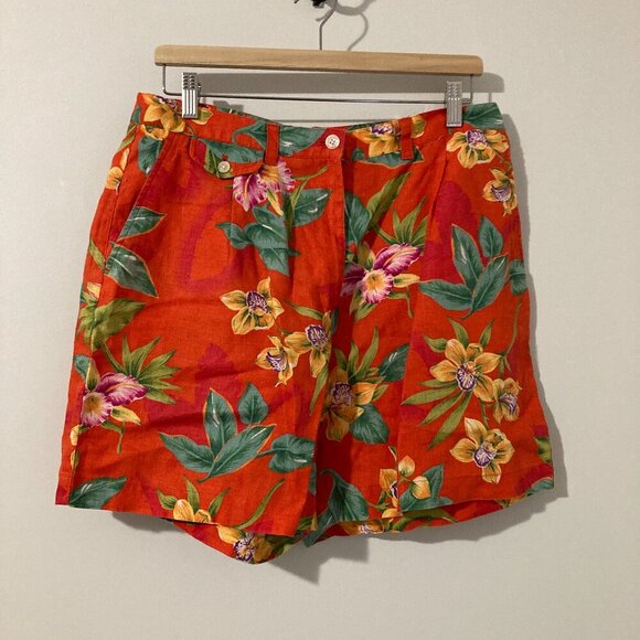 Lauren Ralph Lauren Womens Size 14 Tropical Long Shorts 100% Linen Relaxed Wide - Picture 1 of 9